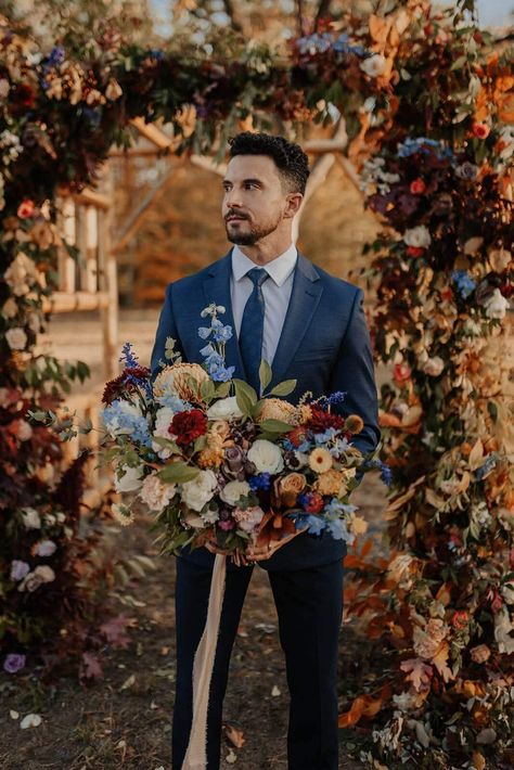 Wedding Stage Background, Slate Blue Suit, Fall Wedding Suits, Blue Fall Wedding, Rose Peonies, Fall Groom, Slate Blue Wedding, Fall Wedding Arches, Fall Elopement