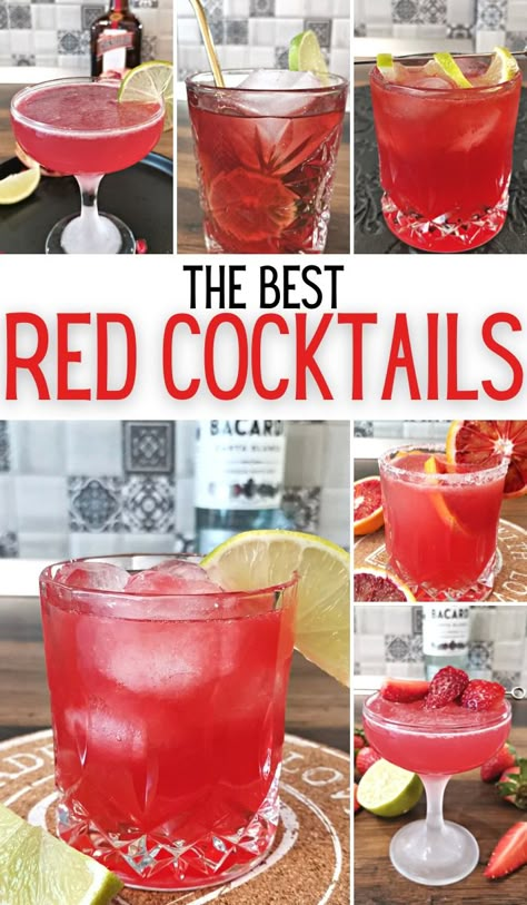 17 Best Red Cocktails To Try Today (Easy & Fruity) - Foodiosity Red Alcohol Drink Ideas, Simple Red Alcoholic Drinks, Red Color Alcohol Drinks, Easy Red Drinks Alcohol, Red Fruity Cocktails, Nurse Inspired Cocktails, Moulin Rouge Cocktail, Red Drink Ideas, Red Party Drinks Alcohol