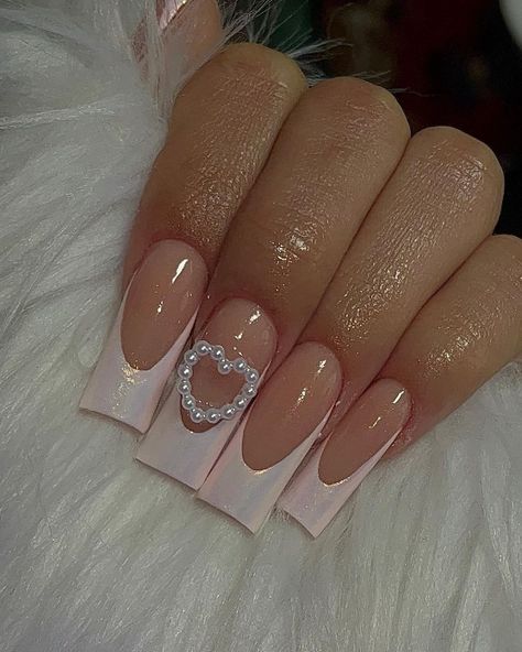 Awesome 2023 French Tip Nails Photo - davidreed.co Pearl White French Tip Nails Square, Pearl Heart Nail Charm, Nails With Pearl Hearts, Pearl Heart Charm Nails, Nail Ideas Medium Square, Heart Pearl Nails, Cute Square Nails Medium, Nails With Heart Charms, Heart Charm Nails