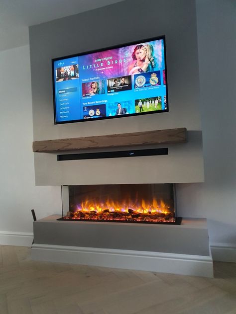 Tv Soundbar Wall, Fireplace Tv Wall Sound Bar, Soundbar Mantle, Living Room Surround Sound Ideas, Sound Bar On Mantle, Tv Sound Bar Ideas, Soundbar Mounting Ideas, Soundbar Ideas, Fireplace Tiling