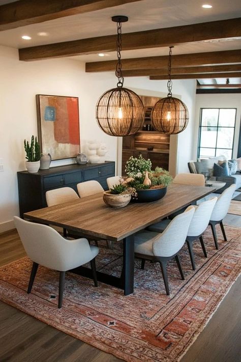 "Add character and comfort to your dining room with a Modern Rustic design! 🛋️🌾 A great way to combine the best of both worlds in your decor. 🌿✨ #RusticDiningRoom #ModernDecorIdeas #HomeInspiration" Modern Farm Table Dining Room, Farmer Table Dining Room, Wood Beams In Dining Room, Modern Farmhouse Living And Dining Room, Cabin Style Dining Room, Modern Dinning Ideas, 2024 Dining Room, Earthy Dining Room Decor, Rustic Dining Room Decor Ideas