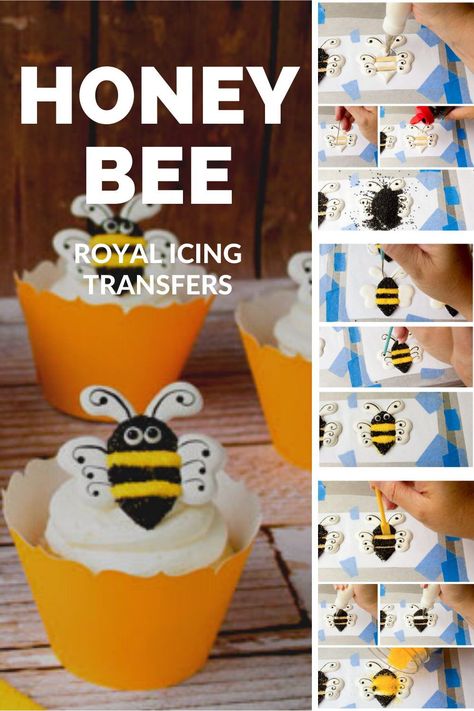 These sweet little honeybee royal icing transfers will make any cookie, cake or cupcake buzz-worthy! Follow this tutorial with the free template download to make them today! #royalicingtransfers #freetemplate #tutorial Royal Icing Templates, Icing Transfers, Sanding Sugar, Diy Edible, Royal Icing Transfers, Edible Cupcake Toppers, Icing Colors, Royal Icing Decorations, Decorator Icing