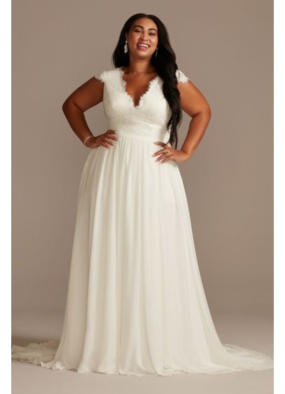 Lace Illusion Back Chiffon Tall Plus Wedding Dress 4XL9WG4011DB Wedding Dresses Under 500, Plus Wedding Dresses, Plus Size Wedding Dress, Wedding Dress Style, Davids Bridal Wedding Dresses, Plus Size Wedding Gowns, Curvy Bride, Chiffon Wedding Dress, V Neck Wedding Dress