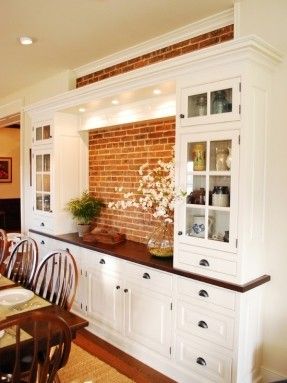 I like the built in dining room hutch and cabinets with exposed stone. Built In Dining Room Hutch, Dining Room Built In Cabinets, Dining Room Built Ins, Dining Room Built In, Built In Buffet, Dining Room Cabinet, Kabinet Dapur, Dining Room Hutch, Dining Room Buffet