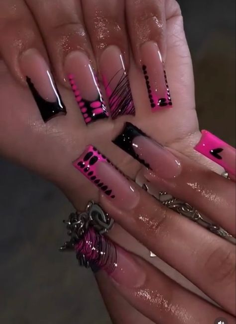 Easy Long Nail Ideas, Nails With D On It, Yk2 Duck Nails, Medium Length Freestyle Nails, Peekaboo Nail Design, Medium Long Nail Designs, Nails Freestyle Design, Acrylic Nail Designs Red And Black, Pink Y2k Nails Acrylic