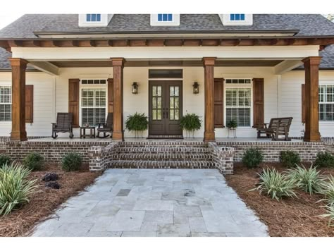 White Painted Brick House Exterior Ranch, White Brick House With Cedar Shutters, Vinyl And Brick House Exterior, Wood Shutters On Brick House, Vertical Siding With Brick, Brick Skirting House Exterior, White Brick Ranch House Exterior, Blonde Brick House Exterior Trim Color, Outdoor Home Paint