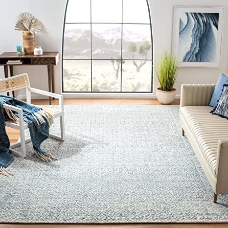 Safavieh Abstract Collection ABT342N Handmade Premium Wool Area Rug, 4' x 6', Blue / Ivory Sea Salt Paint, Lodge Design, Modern Wool Rugs, Rug Size Guide, Ivory Rug, Abstract Rug, Blue Ivory, Indoor Area Rugs, Geometric Rug