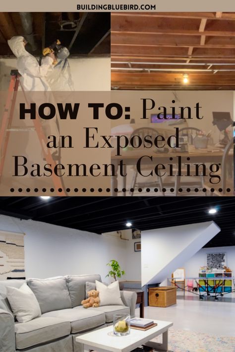 How to paint an exposed basement ceiling black | Building Bluebird Painted Rafters Basement, Basement Ceiling Black Paint, Industrial Basement Ideas Black Ceiling Concrete Floors, String Lights Basement Ceiling, Painting Basement Ceiling Black, Finished Basement With Black Ceiling, Basement Exposed Ceiling Lighting, Alternative To Drop Ceiling In Basement, Finished Basement Open Ceiling