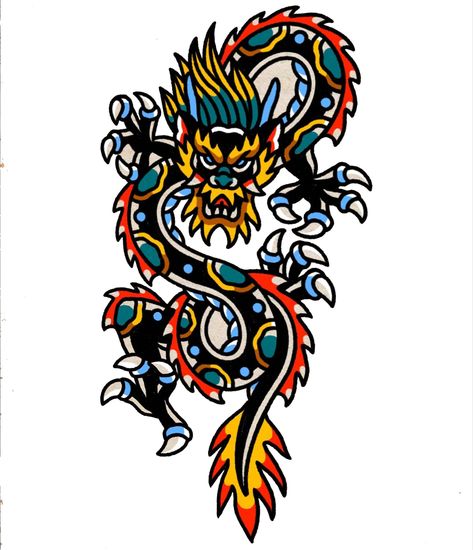 American Traditional Tattoos Dragon, Old Manga Art Style, Dragon Tattoo Calf, American Traditional Dragon Tattoo, Traditional Nature Tattoo, Traditional Dragon Tattoo, Traditional Tattoo Dragon, Quick Sketching, Jacket Painting