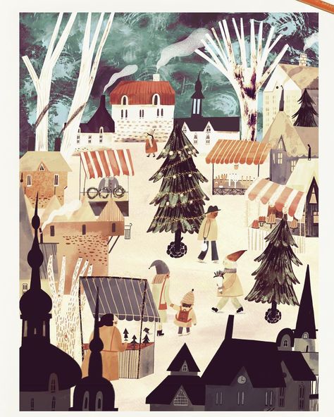 A Christmas market🌲#drawing #illustration #painting #art #procreate #gouache #instaart #christmasmarket #christmas #winter #nature #village Adelina Lirius, Christmas Market Illustration, Christmas City Illustration, Christmas Town Illustration, Gingerbread Village Illustration, Market Drawing, Procreate Gouache, Winter Town Illustration, Village Illustration