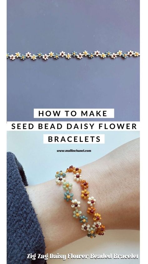 How to Make Seed Bead Daisy Flower Bracelets - MuffinChanel Daisy Flower Bracelet Tutorial, Zigzag Flower Bracelet Tutorial, Zig Zag Flower Bracelet Tutorial, Beaded Flower Bracelet Pattern, Diy Beaded Flower Bracelets, How To Make A Daisy Chain Beads Tutorial, Daisy Chain Beading Tutorials, Daisy Beads Bracelet, Daisy Seed Bead Bracelet