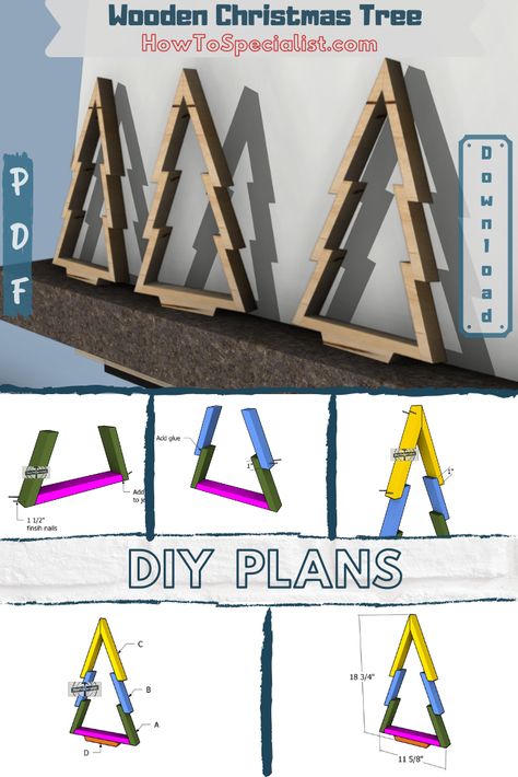 How to Make a Wooden Christmas Tree - Free DIY Plans Diy Wood Christmas Tree Plans From 2x4, Diy Wooden Xmas Tree, 1x4 Christmas Tree, Wood Christmas Tree Ideas Diy Projects, Christmas Tree Wood Diy, Bookshelf Blueprints, One Board Wood Projects, 2x4 Trees, Wooden Christmas Trees Plans