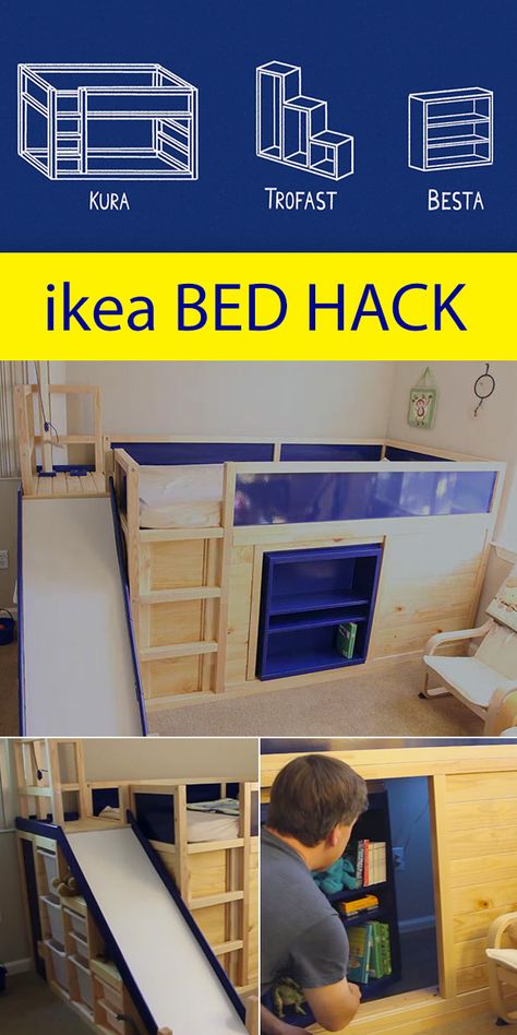 Crazy ingenious ikea Hack! Includes a secret room behind the bookshelf, and much more! Diy Slide For Bed, Loft Bed Toy Storage, Diy Bed Slide, Ikea Kura Bed Hack Boys, Ikea Hack Lit, Ikea Kids Bed, Kura Bed Hack, Bed Fort, Ikea Kura Hack