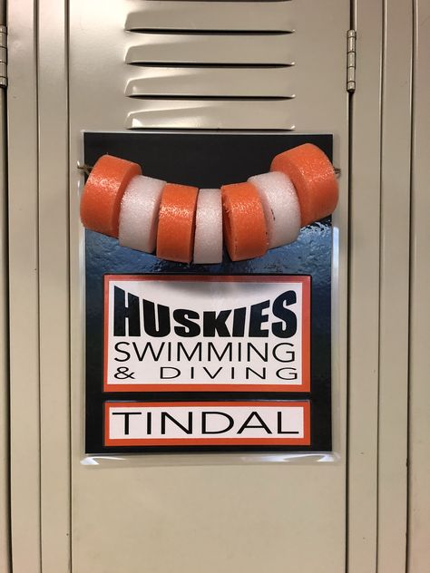 Swimming, swim team, pool, pool noodles, locker decorations Swim Team Locker Signs, Swim Team Locker Decorations, Swimming Locker Decorations, Swim Locker Signs, Swim Locker Decorations, Swim Team Ideas, Swim Meet Poster Ideas, Swim Team Posters Ideas, Swim Team Bulletin Board Ideas