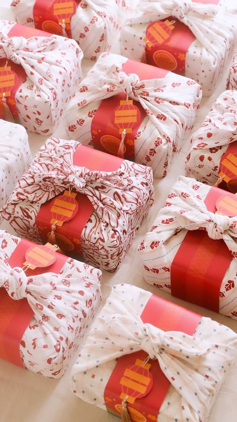 Chinese new year furoshiki gift wrapping using ikea kitchen towel fabric