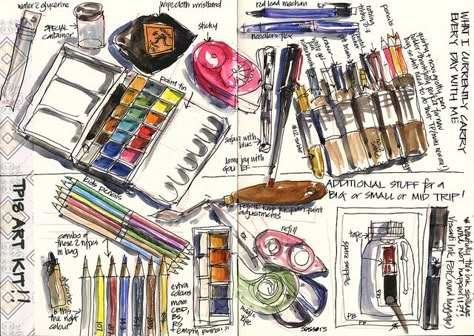 Visual packing illustrated list. 'Trip Prep 19 Getting my Art Supplies together' Sketch Journal, Artist Journal, Watercolor Journal, Drawing Faces, Disney Concept Art, Travel Sketches, Sketchbook Journaling, Sketchbook Inspiration, Watercolor Sketch