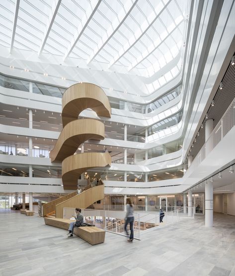 Uppsala University, Atrium Design, Danish Architecture, Campus Design, Building Stairs, University Architecture, Stairs Architecture, Central Library, Wooden Stairs