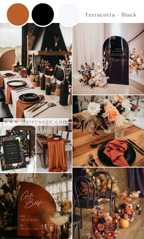 Terracotta and Black Wedding Color Theme Black Sage And Burnt Orange Wedding, Cooper Wedding Theme, Wood Wedding Theme, Black And Rust Wedding, September Wedding Colors Schemes, Wedding Color Theme Ideas, Black Rustic Wedding, Terracotta Wedding Color, Black Boho Wedding