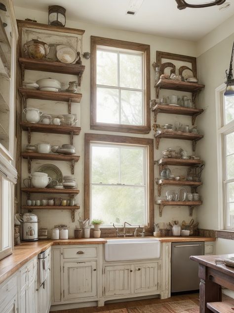 French Country Kitchen Shelves, Open Kitchen Cupboard Ideas, Vintage Kitchen Shelves, Open Cabinet Kitchen, Vintage Eclectic Kitchen, Kitchens Minimalist, 1800s Kitchen, Whitewash Kitchen Cabinets, Small Kitchen Decor Ideas