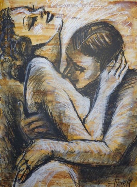 Lovers - Mon Amour Original contemporary figurative drawing on paper, unframed. Made using charcoal, white chalk and yellow acrylic.  Inspired by the romantic scenes in silent movies and black and white movies, I decided to create a series of different drawings on paper based on this idea. I like the way love scenes where shown at that time and this makes me smile. The series aims to be a little bit humorous. Size 30" x 22" (76 cm x 56 cm). Certificate of Authenticity. Deliver carefully roll... Different Drawings, Drawings On Paper, Romantic Artwork, Figurative Drawing, Drawing On Paper, Romance Art, Female Art Painting, Love Scenes, Romantic Scenes