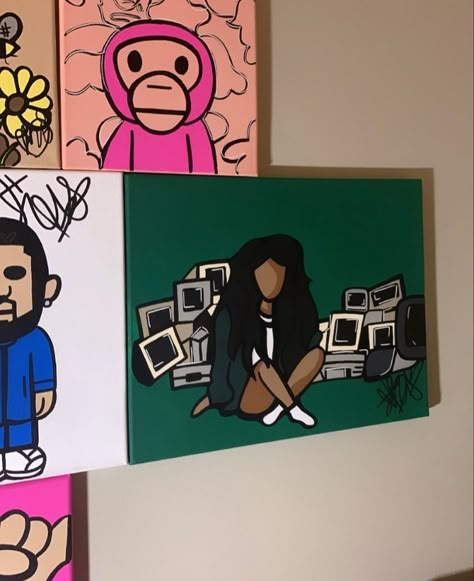 Canvas Painting Wall Decor Aesthetic, Partynextdoor Painting, Hype Beast Painting Ideas, Painting Ideas On Canvas Brent Faiyaz, Aesthetic Painting Ideas Cartoons, Cartoon Canvas Painting Ideas, Painting Ideas Cartoon Characters, Canvas Painting Ideas Cartoon, Bape Paintings Canvas