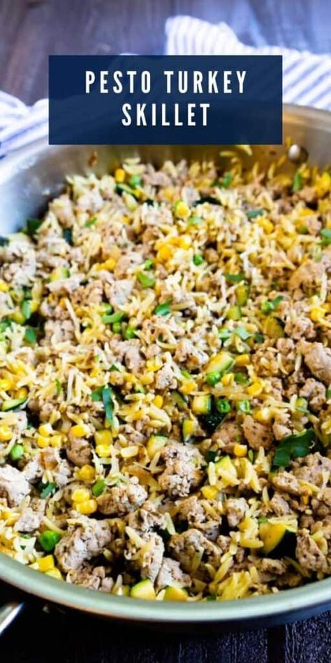 Italian Ground Turkey Recipes, Turkey Orzo, Ground Turkey Skillet, Pesto Turkey, Turkey Skillet, Turkey Pesto, Turkey Meals, Eggplant Rollatini, Ground Turkey Recipes Healthy