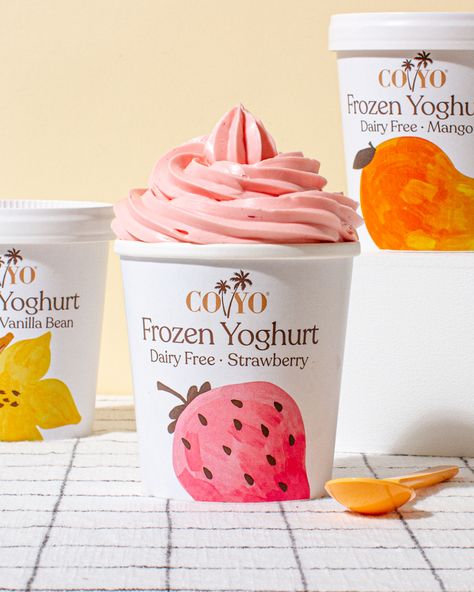 🍦✨ Scoop up the goodness of our dairy free Strawberry, Mango, and Vanilla Bean frozen yoghurts, laced with tum-loving pre+probiotics. Now chilling at select Woolworths stores 🛒 Strawberry Ice Cream Packaging, Sorbet Packaging Design, Yogurt Branding, Yogurt Design, Healthy Ice Cream Brands, Yoghurt Packaging, Yogurt Brands, Yogurt Packaging, Ice Cream Packaging