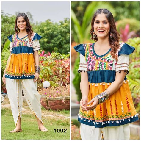 ₹1080 🍁NAVRATRI SPECIAL KEDIAS COLLECTION🍁 *🏵️ *Dholidaa Vol 3🏵️* 🍁We do our best to give you Gujarati traditional navrarti wear with amazing craftsmanship of designs and patterns 🍁Dance to the tune of Garba this navaratri with colourful ,stylish and traditional kedias 🍁 Fabric Detail Pure khadi cotton with beautiful Embroidery Kediya (Top) and Tulip pant with Beautiful pompom and color full Lace with Lace 🍁 *Size* - M, XL Note : *There is only 2 pcs Top and Bottom* 🍁... Women Wedding Suit, Indian Suits For Women, Tulip Pants, Navratri Collection, Festival Attire, Nikkah Dress, Embroidered Kurti, Pakistani Designer Suits, Salwar Dress