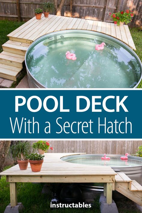 Diy Stock Tank Pool Deck, Stock Tank Pool Ideas Backyards With Deck, Stock Tank Pool Decks, Stock Tank Pool Ideas With Deck, Stock Pool Landscaping, Stock Tank Pool And Fire Pit Ideas, Deck Around Stock Tank Pool, Stock Tank Deck Ideas, Trough Pool Stock Tank