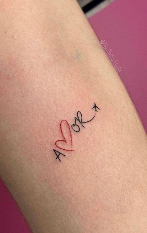 Amor Tattoos For Women, Simple Love Tattoos, Heart Tattoo On Arm, Motherhood Tattoos 2 Kids, Hot Tattoos Ideas Female, Small Mexican Tattoo, Amor Tattoo, Small Symbol Tattoos, Tiny Wrist Tattoos