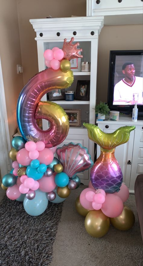 Mermaid Balloon Bouquet Ideas, 6 Balloon Number, Number 6 Balloon Bouquet, Mermaid Theme Balloons, Mermaid Balloon Bouquet, Number 5 Balloon Bouquet, Ariel Balloon Bouquet, Balloon Mermaid, Lisa Frank Birthday Party