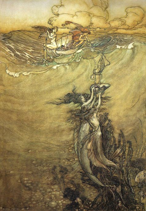 Pen, Ink and watercolor Harris Museum & Art Gallery, Enland | Arthur Rackham (English, 1867-1939) leading 'Golden Age' illustrator Tomer Hanuka, Otto Schmidt, Edmund Dulac, 동화 삽화, Mike Mignola, Arthur Rackham, Mermaids And Mermen, Fairytale Illustration, Fairytale Art