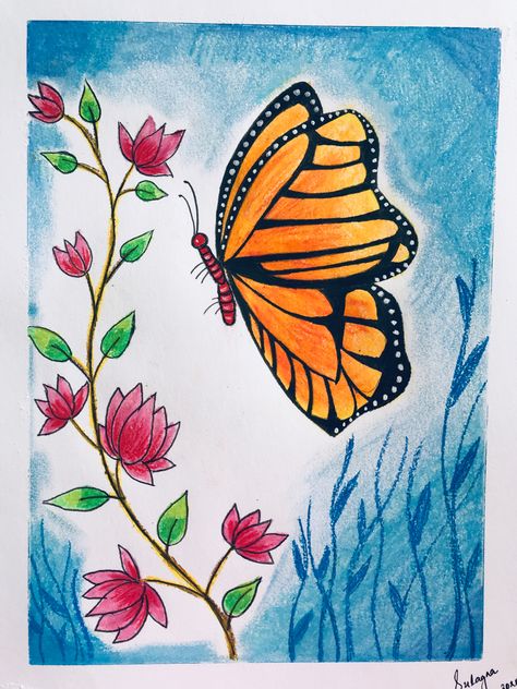 Butterfly Scenery Painting, Butterfly Garden Drawing Easy, Spring Pencil Drawings, Whimsical Butterfly Art, Butterfly Garden Drawing, Butterfly Drawing For Kids, Butterfly Drawing Easy, Draw Sea Animals, Draw Sea