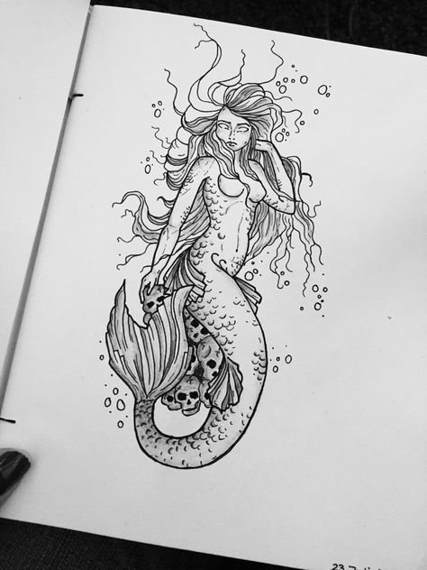 Mermaid And Skull Tattoo, Mermaid Tattoo Sketch, Siren Sleeve Tattoo, Creepy Siren Tattoo, Cool Mermaid Tattoos, Zombie Mermaid Tattoo, Scary Mermaid Tattoo, Creepy Mermaid Tattoo, Goth Mermaid Tattoo