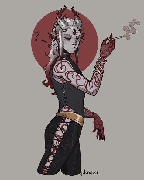 Dr Character Design, Tiefling Hexblade, Dnd Genasi Character Design, Tiefling With Tattoos, Tattoo Dnd Character, Elves With Horns, Male Tiefling Oc, Tiefling Tattoo, Dnd Tiefling Oc