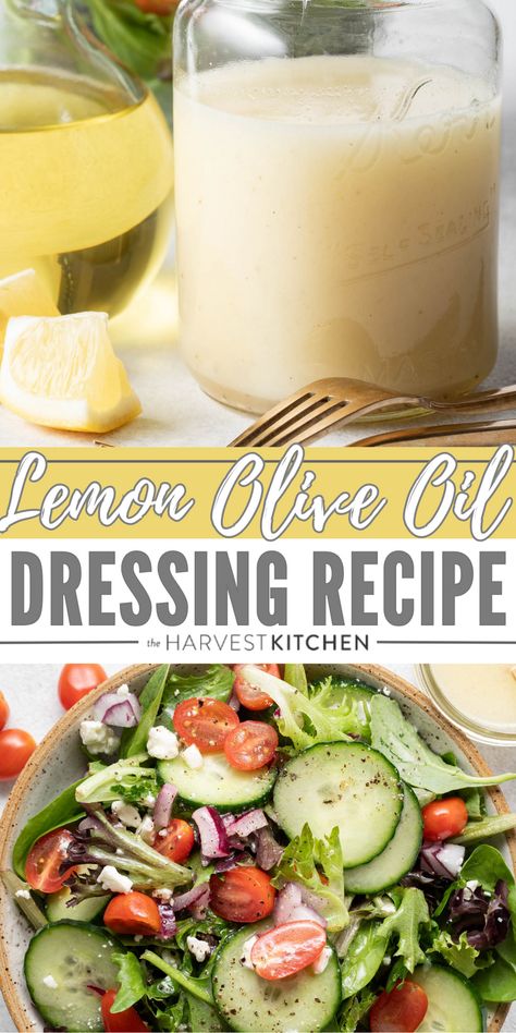 This Lemon Olive Oil Dressing recipe is bright and flavorful and so easy to make. Whip up a fresh batch of this easy lemon olive oil salad dressing to serve with all of your favorite salads. Lemon And Oil Salad Dressing, Lemon Olive Oil Salad, Olive Oil Salad Dressing Recipe, Olive Oil Dressing Recipes, Lemon Olive Oil Dressing, Lemon Salad Dressing, Quinoa Salad Dressing, Olive Oil And Lemon Dressing, Oil Salad Dressing