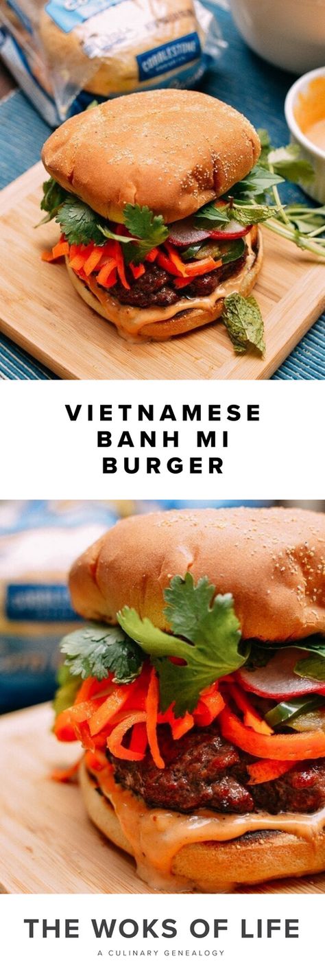 This banh mi burger recipe is at the perfect intersection of summertime grilling and fresh, crisp, and simple ingredients. It consists of a soft bun, beef burger cooked perfectly to medium rare, topped with pickled radish, carrot, and jalapeño and fresh mint, cilantro, and Thai basil. If you're looking for a fresher, more unique alternative to your average cheeseburger, look no further than this great summer entertaining recipe! Glow Diet, Woks Of Life Recipes, Keto Burgers, Asian Potluck, Banh Mi Burger, Vietnamese Banh Mi, Bob Belcher, Pickled Radish, The Woks Of Life