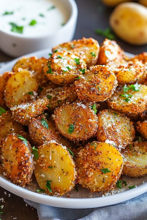 Crispy Parmesan Potatoes - Get ready to transform your Sunday roast or any gathering with these absolutely epic Crispy Roasted Parmesan Potatoes! It's no secret that the star of the show is the crispy, golden parmesan crust that envelops each tender potato. If crispy potatoes are your weakness, prepare to be swept off your feet Crisp Roasted Potatoes, Parmesan Roasted Baby Potatoes, Extra Crispy Parmesan Crusted Roasted Potatoes, Crushed Parmesan Potatoes, Crispy Parmesan Hasselback Potatoes, Crispy Lemon Potatoes, Crispiest Potatoes Ever, Crispy Italian Potatoes, Roasted Petite Gold Potatoes