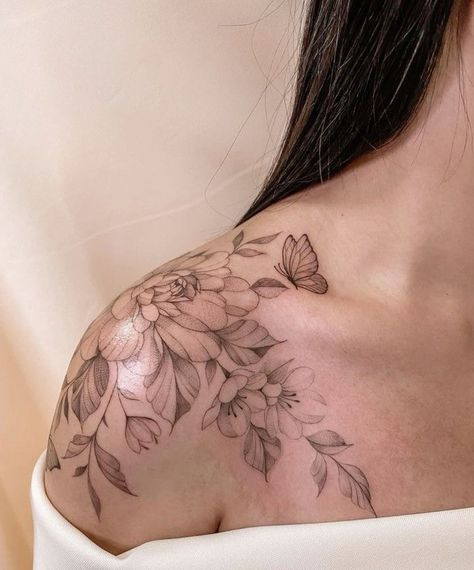 Gardenia Shoulder Tattoo, Floral Shoulder Tattoo Design, Peony Shoulder Tattoos For Women, Dainty Shoulder Tattoos For Women, Top Of Shoulder Tattoos For Women, Floral Shoulder Cap Tattoo, Floral Shoulder Tattoo, Top Of Shoulder Tattoo, Cap Tattoo