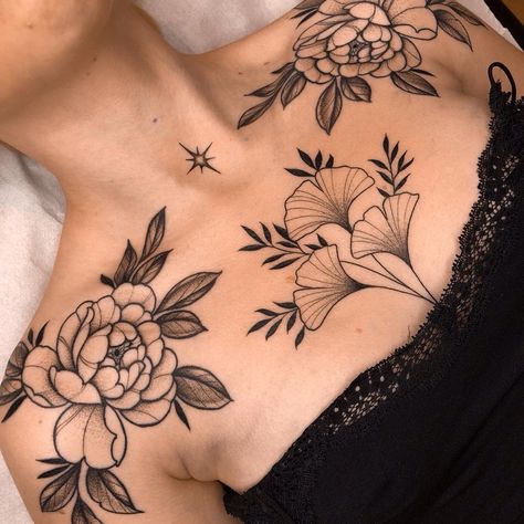 Shoulder Tip Tattoo, Back Peony Tattoo, Magnolia Chest Tattoo, Small Feminine Chest Tattoos, Chest Tattoo Female Plus Size, Suprasternal Notch Tattoo, Collarbone Chest Tattoo, Peony Collar Bone Tattoo, Ink Tattoo Design