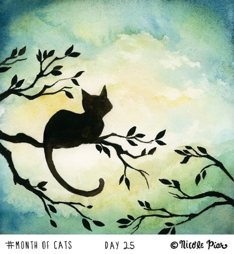 Lily Sitting in the Center of the Sky by Nicole Piar watercolor painting of a black cat in a tree in silhouette illustration art anime #MonthofCats Cool Silhouette Art, Cat Painting Ideas, Animal Silhouette Art, Silhouette Painting, Silhouette Illustration, Black Cat Art, Watercolor Cat, Cat Silhouette, Tree Silhouette