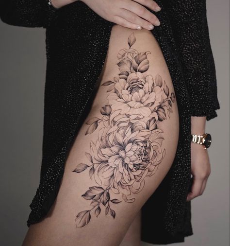 Buttock Tattoo For Women, Floral Hip Tattoo, Side Hip Tattoos, Side Thigh Tattoos, Floral Thigh Tattoos, Flower Thigh Tattoos, Hip Thigh Tattoos, Chrysanthemum Tattoo, Tattoos For Women Flowers