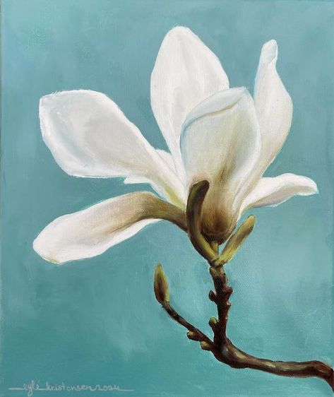 Magnolia Paint, White Magnolia, Instagram White, Turquoise Background, Colored Pencils, Magnolia, Oil On Canvas, Blossom, Oil Painting