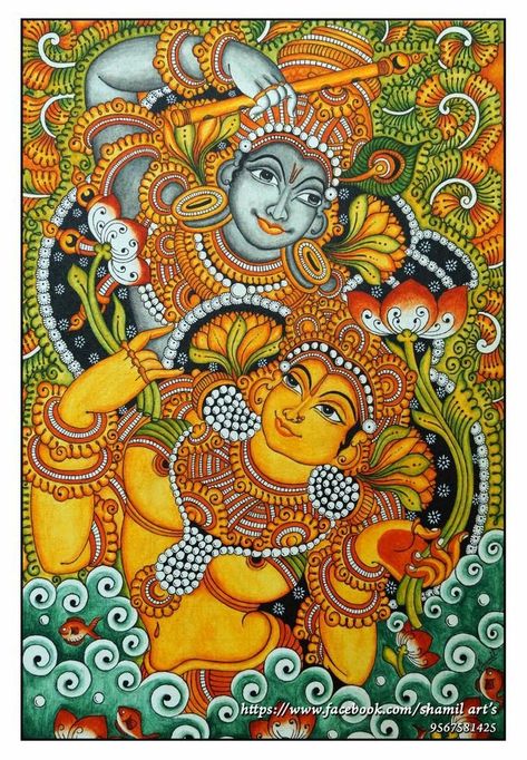 Radha Krishna Mural Painting, Indian Art Wallpaper, Krishna Mural Painting, Kerala Painting, Kerala Mural Art, Artworks Ideas, Mural Art Design, Mural Paintings, Kalamkari Painting