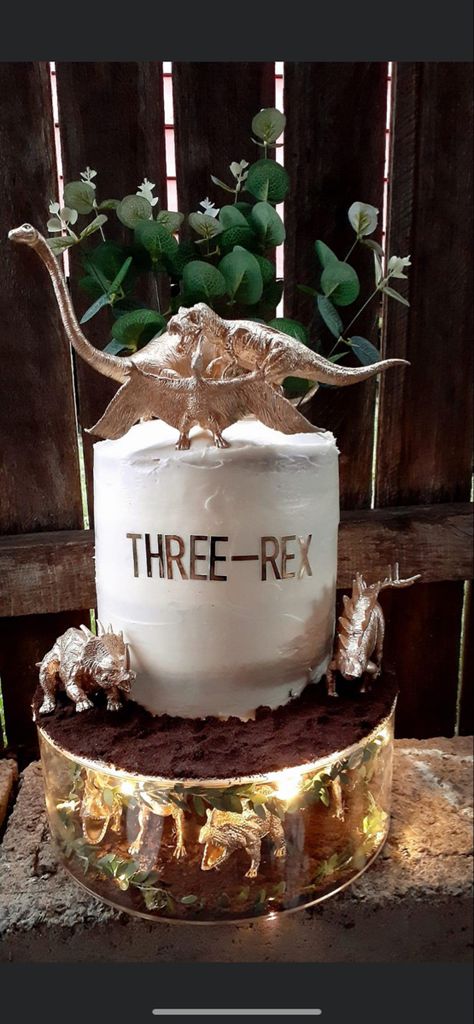 Fillable Cake Stand Ideas, Three Rex Birthday Cake, Birthday Cake Stand, Basic Cake, Dinosaur Themed Birthday Party, Twins 1st Birthdays, Dinosaur Cake, Dino Party, Cupcake Stand