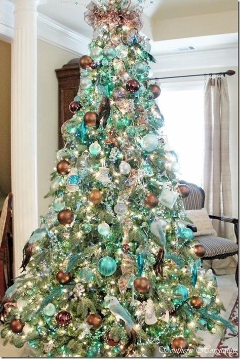 Teal and Brown Christmas Tree Teal Christmas, Turquoise Christmas, Blue Christmas Tree, Beach Christmas, Beautiful Christmas Trees, Explosion Box, Noel Christmas, Christmas Tree Themes, Box Template