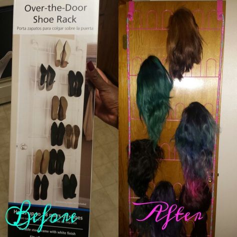 Diy wig holder under $13!!!!      YOU WILL NEED  -Shoe rack   -Spray paint (1 can)   -Any color nail polish (that you have @ home) Wig Holder Ideas, Wig Storage Ideas At Home, Diy Wig Storage, Wig Organization Ideas, Wig Organization, Wig Organizer, Wigs Storage Ideas, Hair Organization, House Manifestation