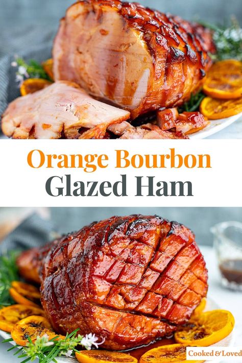 This festive, oven-baked, orange bourbon glazed ham is a table masterpiece you'll want to make for every holiday, whether it's Thanksgiving, Christmas or Easter. Salty ham is paired with the most incredible sticky glaze with the subtle flavours of citrus, maple, holiday spices and bourbon. Don't worry, it's alcohol-free as most of that is evaporated during cooking. This is the Christmas ham I plan to make this year. via @irena_macri Strawberry Pretzel Jello Salad Recipe, Christmas Ham Dinner, Glazed Baked Ham, Glaze Ham, Pineapple Glazed Ham, Strawberry Pretzel Jello Salad, Orange Glazed Ham, Baked Ham Recipe, Jello Pretzel Salad