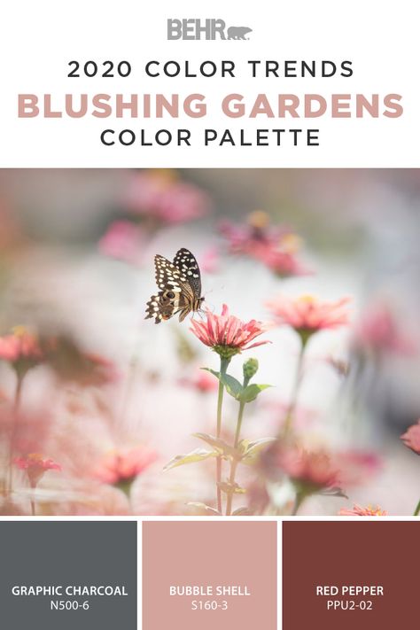 As part of the new BEHR® 2020 Color Trends Palette, Graphic Charcoal, Bubble Shell, and Red Pepper come together to create this blushing gardens paint color palette. This combination of gray, pink, and red would look gorgeous with white marble and gold accents. Click below to learn more. Behr Red Pepper, Patio Color Schemes, Behr Exterior Paint, Pallet Color, Color Of The Month, Colors Painting, House Color Palettes, Red Colour Palette, Behr Paint