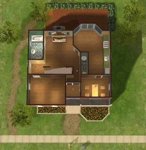 Cottage Living Sims 4 House Layout, Sims House With Basement, Sims Cottage House Layout, Sims 2 House Ideas Layout, Sims House Plans Layout, Sims 2 House Ideas, Small Base Game House Sims 4, The Sims 3 House Ideas, The Sims 2 Houses